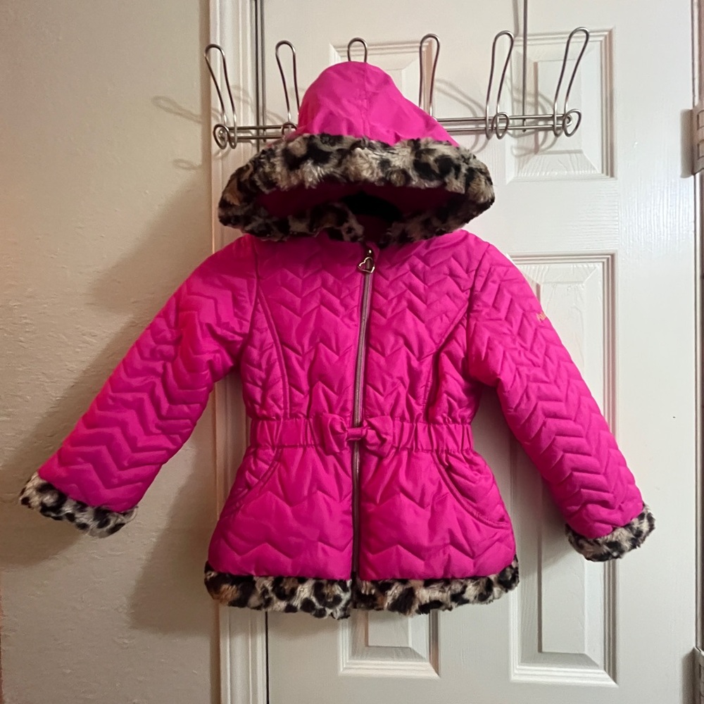 Pistachio Pink Faux Fur Animal Print Trimmed Puffer Jacket Size 6 - Picture 4 of 4